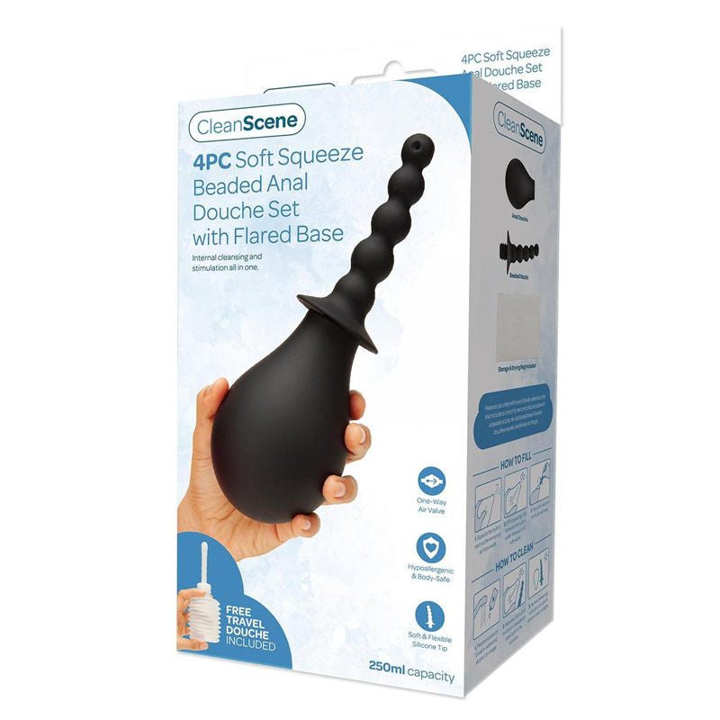 Cleanscene - 4 piece soft squeeze beaded anal douche set -  box front view | Flirtybay.com.au